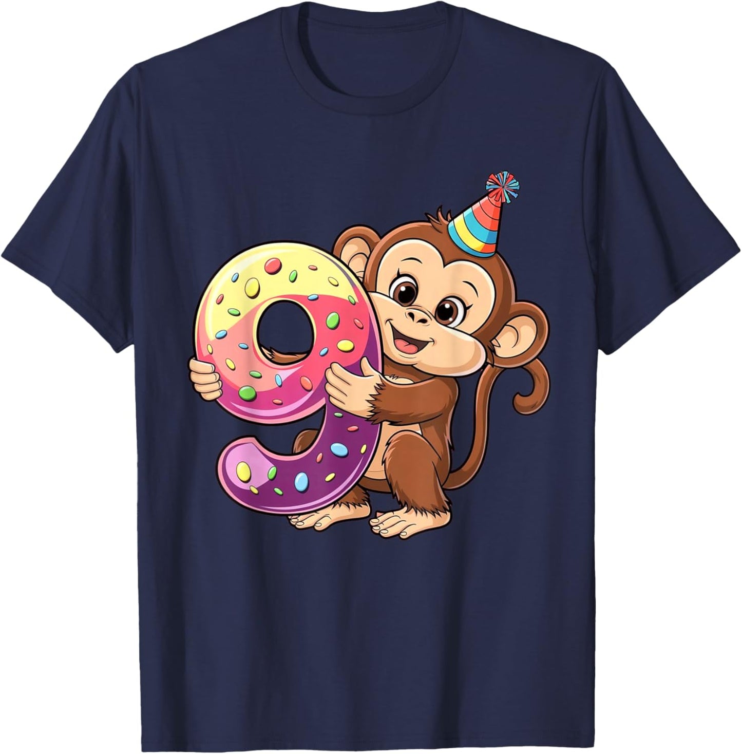 Monkey Birthday Age 9 Girl T-Shirt - T-Shirt | Navy