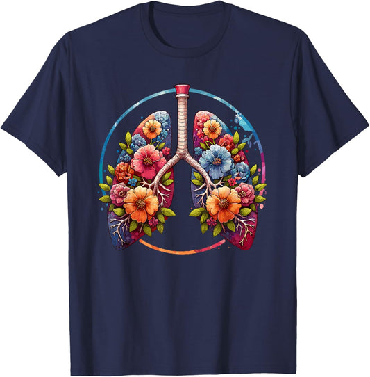 Floral Lung Respiratory Therapist T-Shirt - T-Shirt | Navy