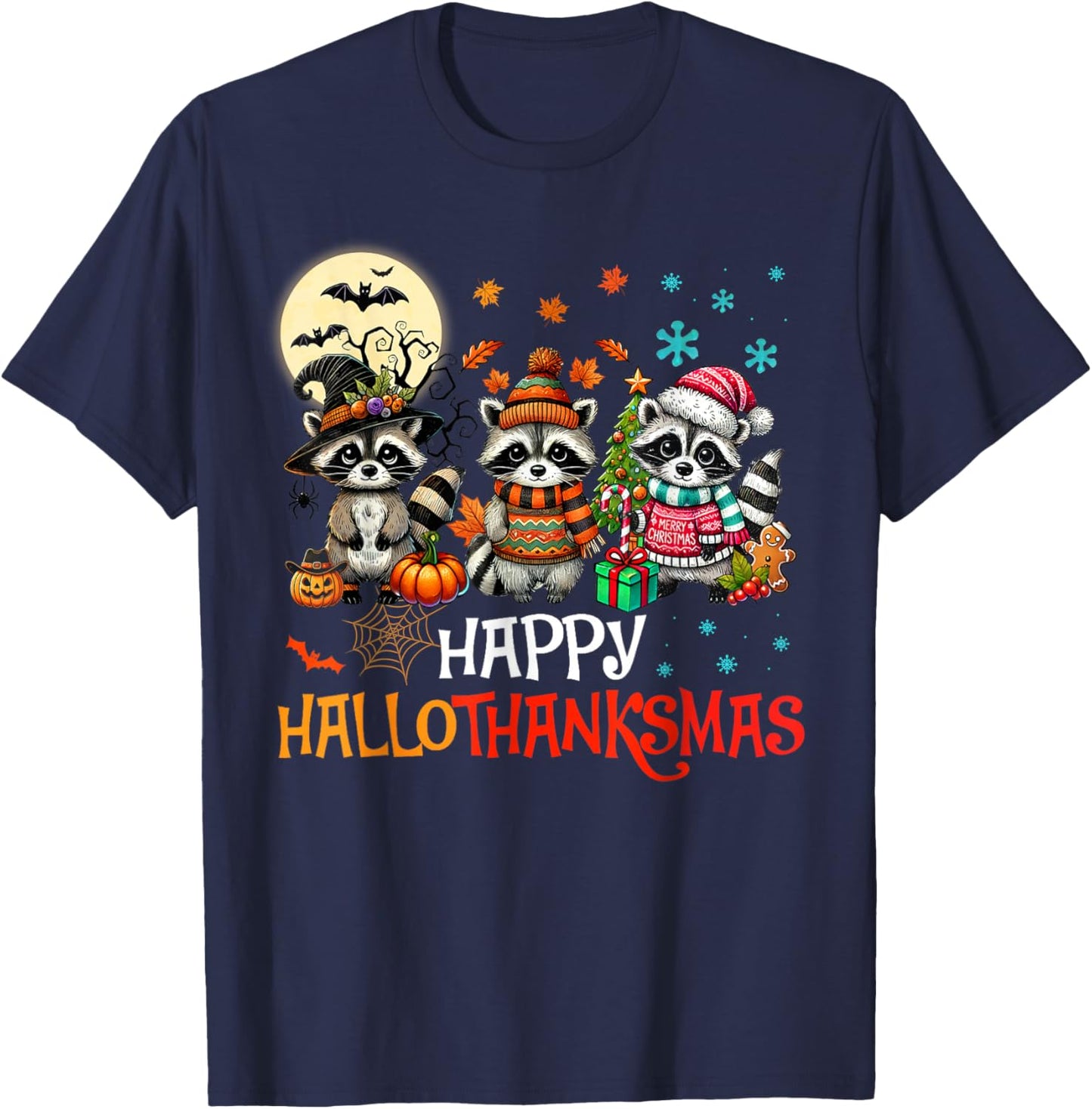 Happy Hallothanksmas Raccoon Lover Halloween Merry Christmas T-Shirt - T-Shirt | Navy
