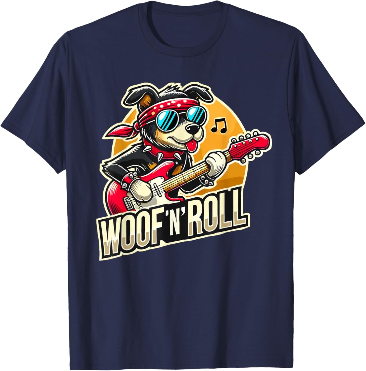 Funny Dog Woof ’n’ Roll Cool Guitar Rock Dog T-Shirt - T-Shirt | Navy