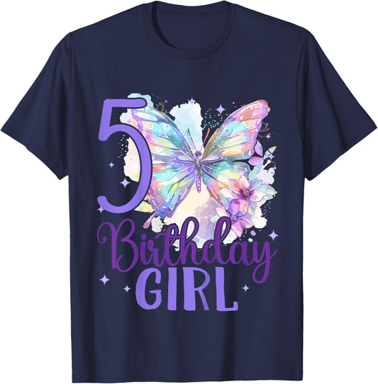 Kids 5th Birthday Butterfly 5 Years Five Finally 5 Birthday Girl T-Shirt - T-Shirt | Navy
