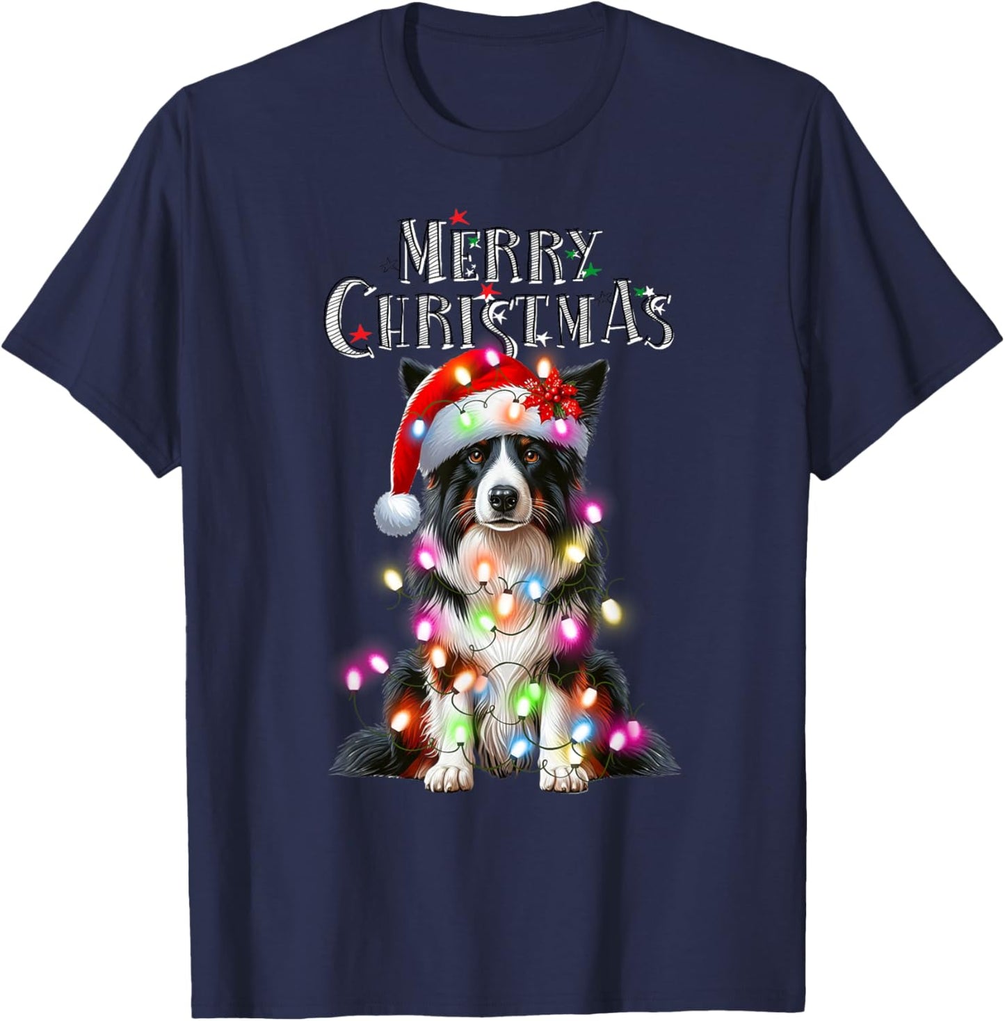 Border collie Christmas Lights Xmas dog Santa Women Kids T-Shirt - T-Shirt | Navy