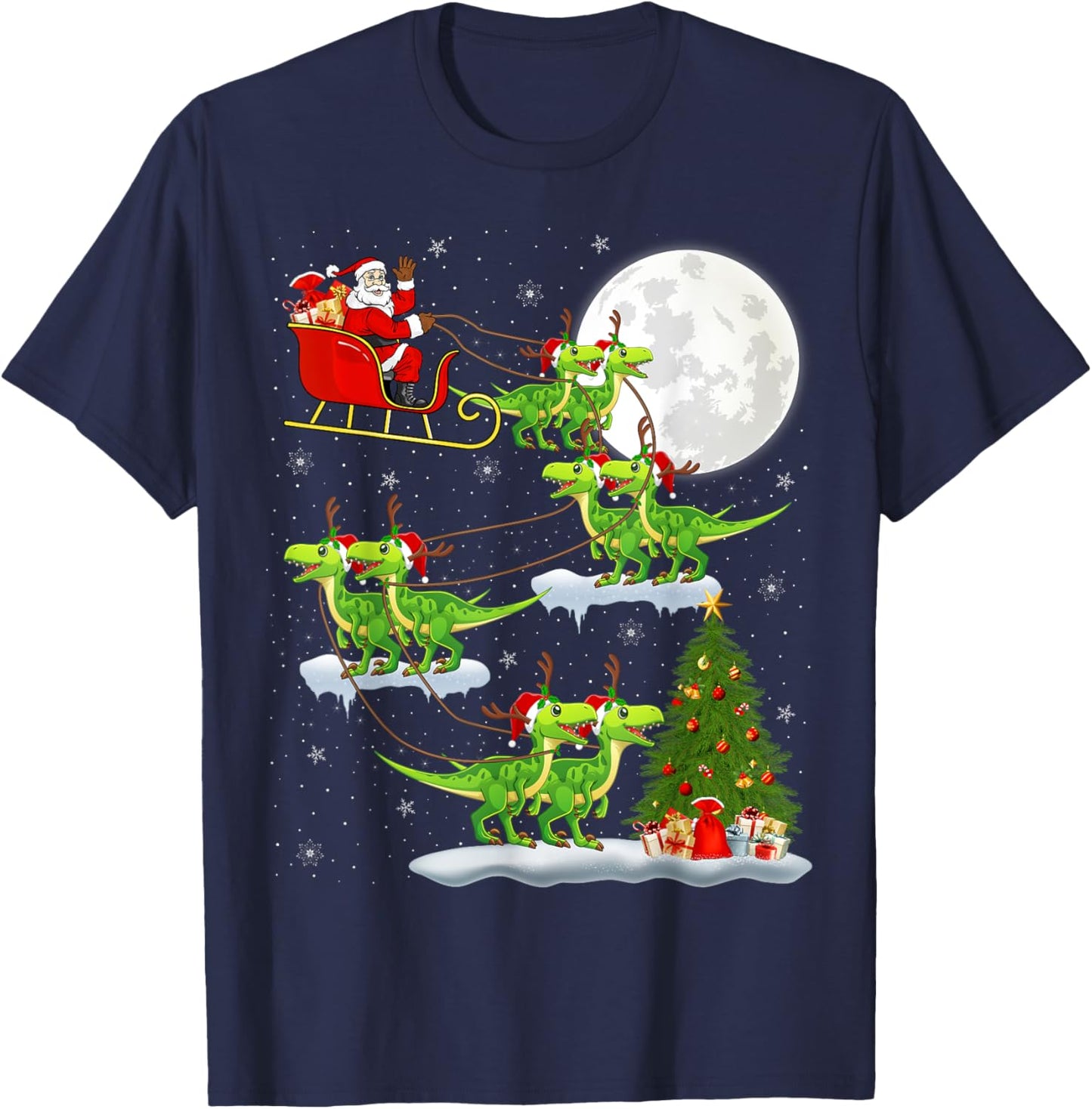 Xmas Lights Santa Riding Velociraptors Dinosaur Christmas T-Shirt - T-Shirt | Navy