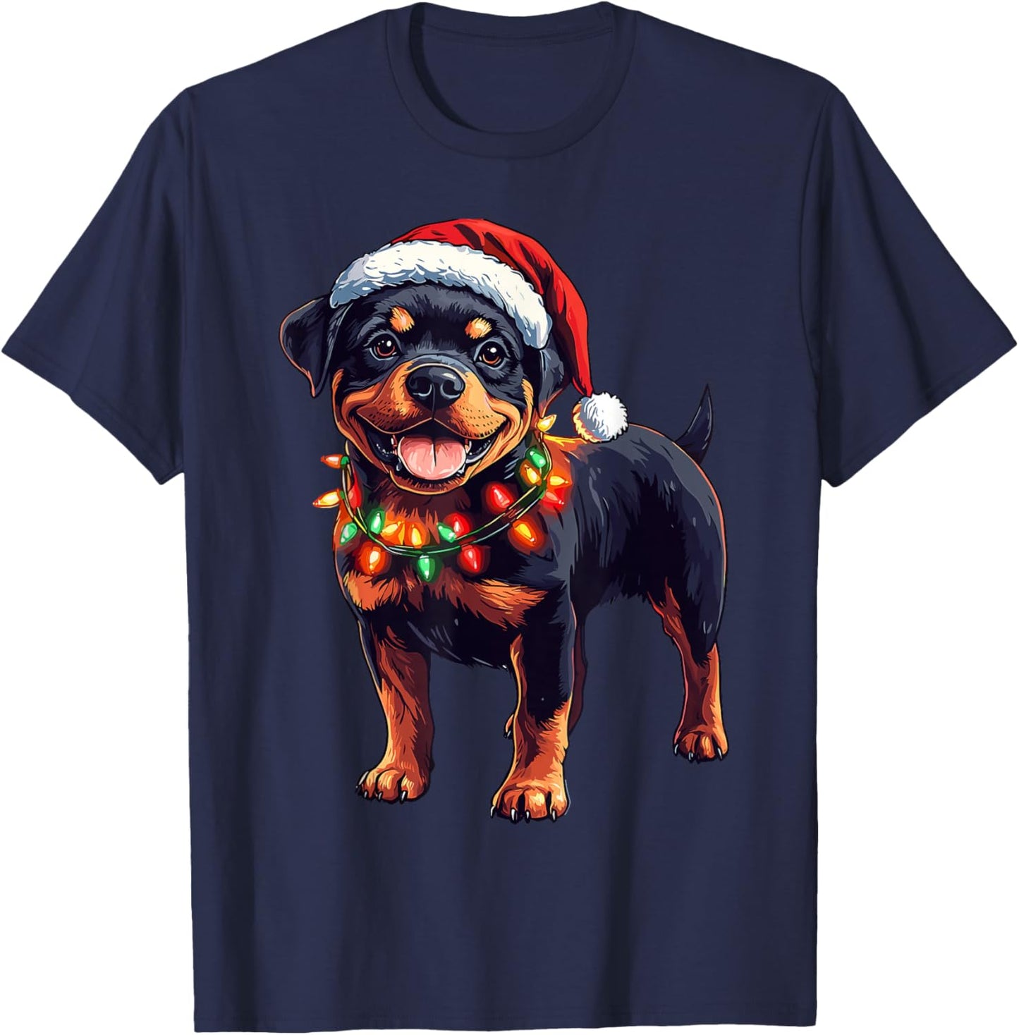 Rottweiler Santa Christmas Tree Lights Xmas Rottie Pajama T-Shirt - T-Shirt | Navy