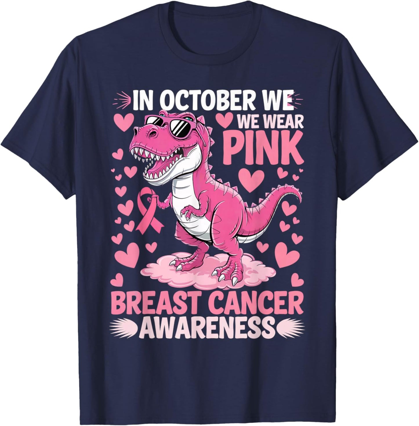In October We Wear Pink Cute Dinosaur Breast Cancer Boys T-Shirt - T-Shirt | Navy