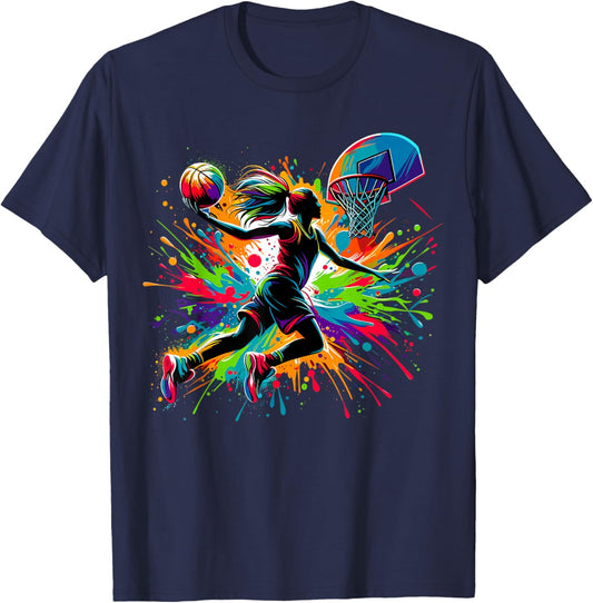 Basketball Girl Graffiti Colourful T-Shirt - T-Shirt | Navy