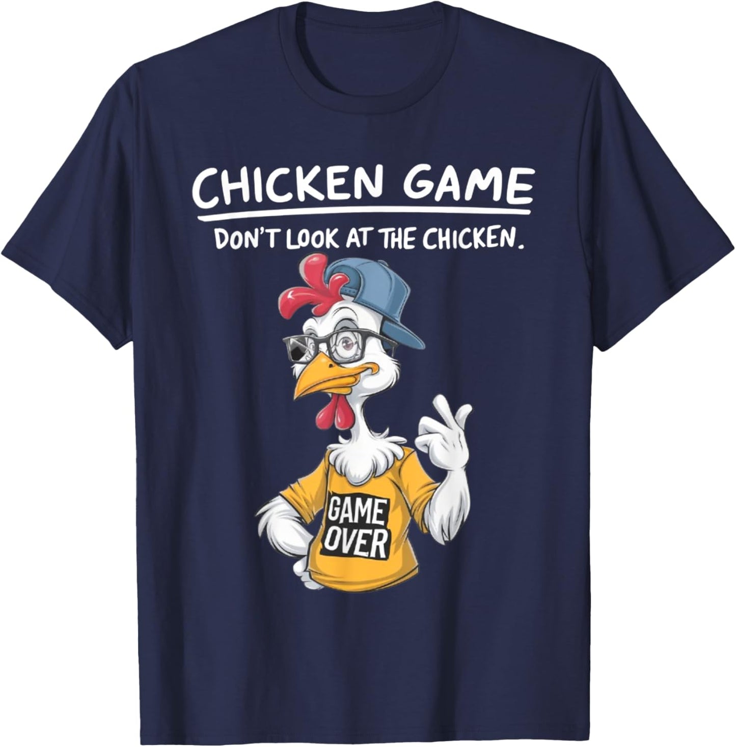 Chicken Game Humorous Family - -Adults & Kids - Black - Small - Short Sleeve - Cartoon Chicken Game - Don't Look at the Chicken T-Shirt - T-Shirt | Navy