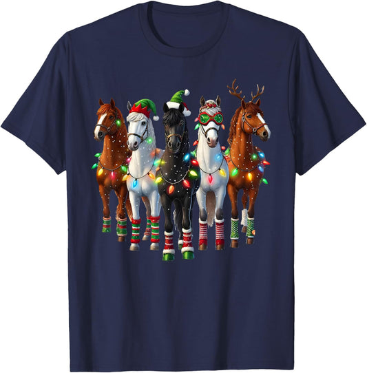 Horse Santa Reindeer ELF Christmas Lights T-Shirt - T-Shirt | Navy