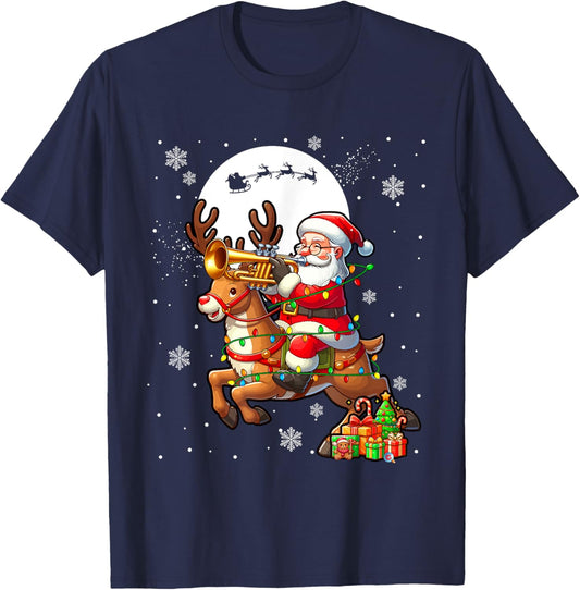Santa Playing Trumpet On Reindeer Christmas Instrument T-Shirt - T-Shirt | Navy