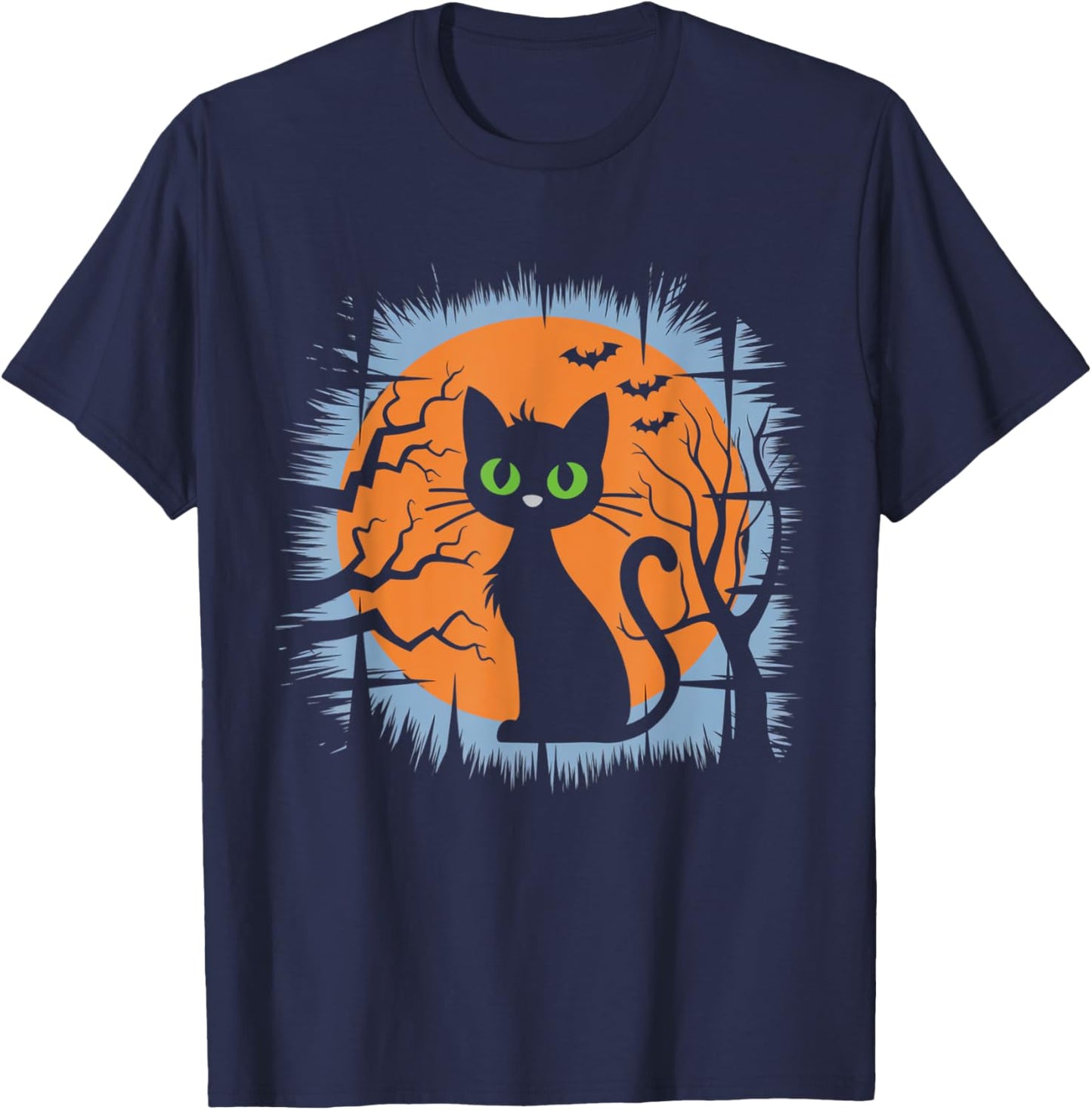 Vintage Halloween Black Cat with Bats and Full Moon Design T-Shirt - T-Shirt | Navy