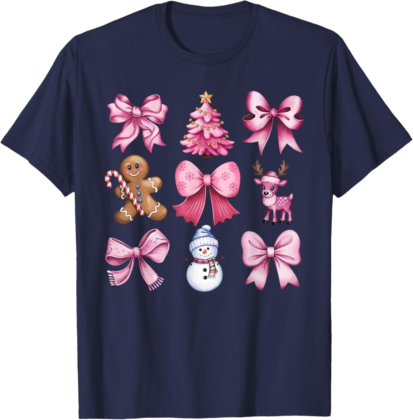 Cute Preppy Pink Christmas Tree Gingerbread Man Snowman Bow T-Shirt - T-Shirt | Navy