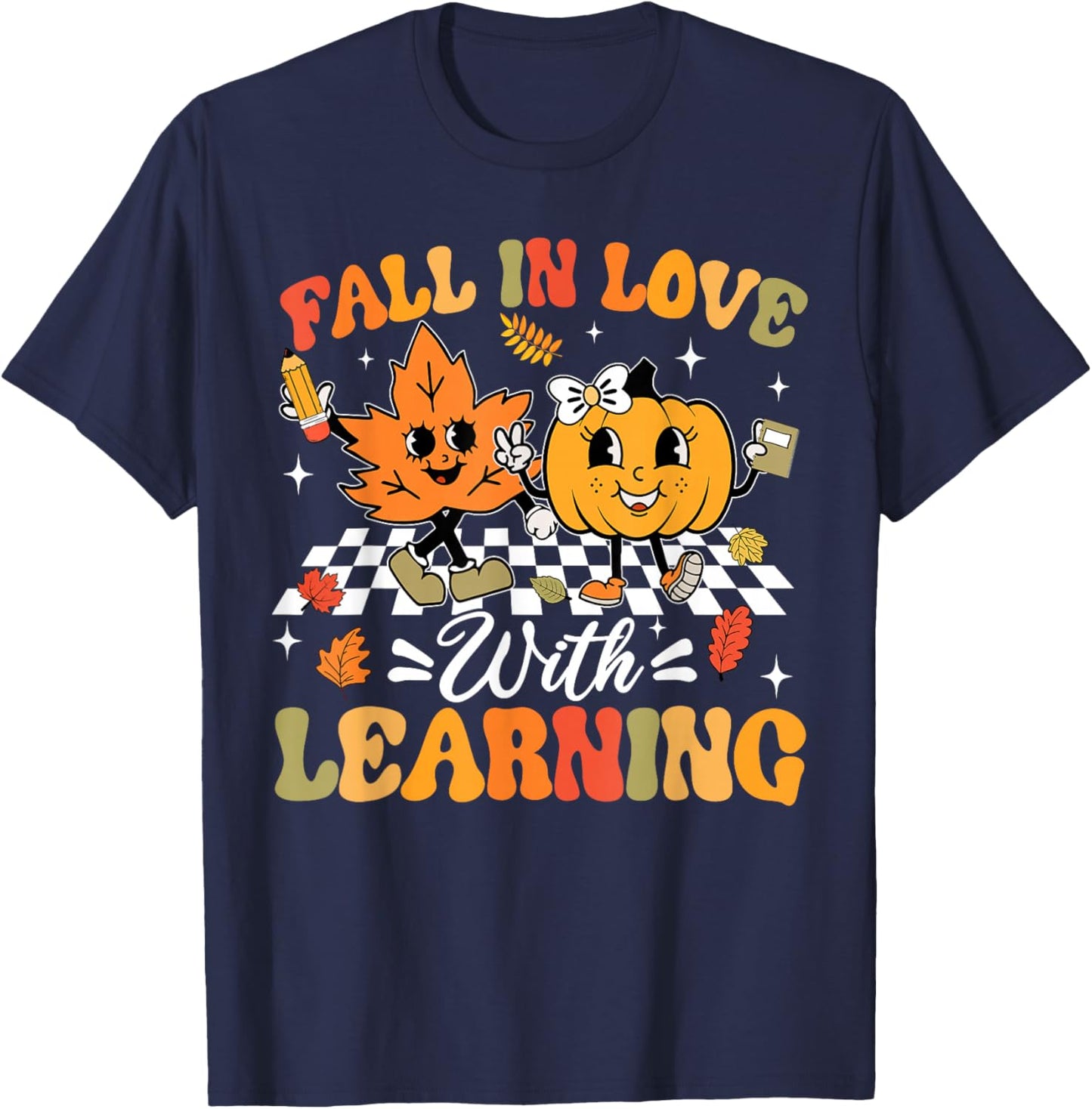 Fall In Love With Learning Fall Teacher Thanksgiving Retro T-Shirt - T-Shirt | Navy