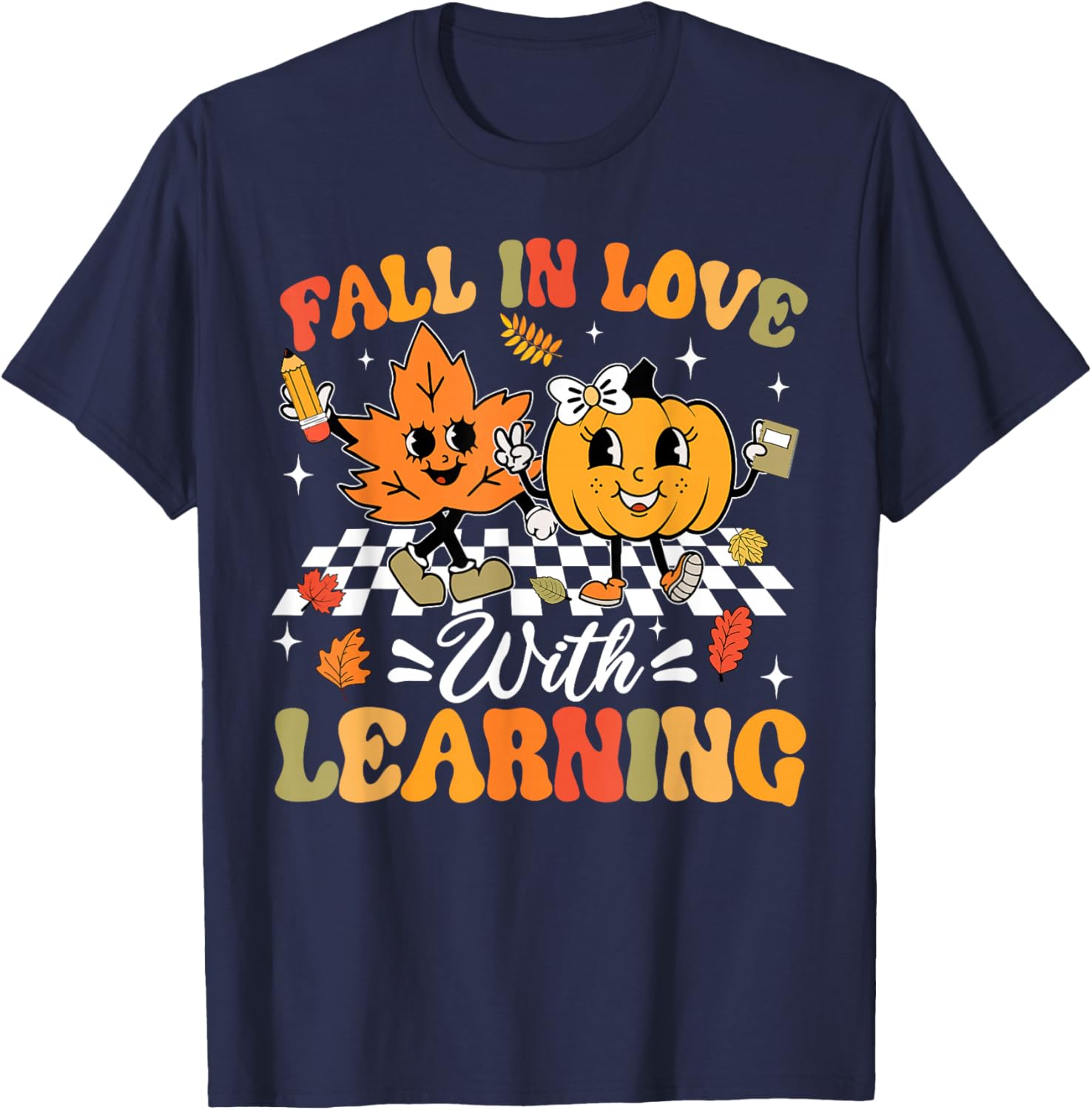 Fall In Love With Learning Fall Teacher Thanksgiving Retro T-Shirt - T-Shirt | Navy