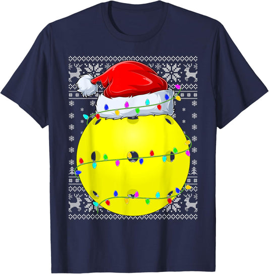Ugly Sweater Sports Player Santa Hat Pickleball Christmas T-Shirt - T-Shirt | Navy