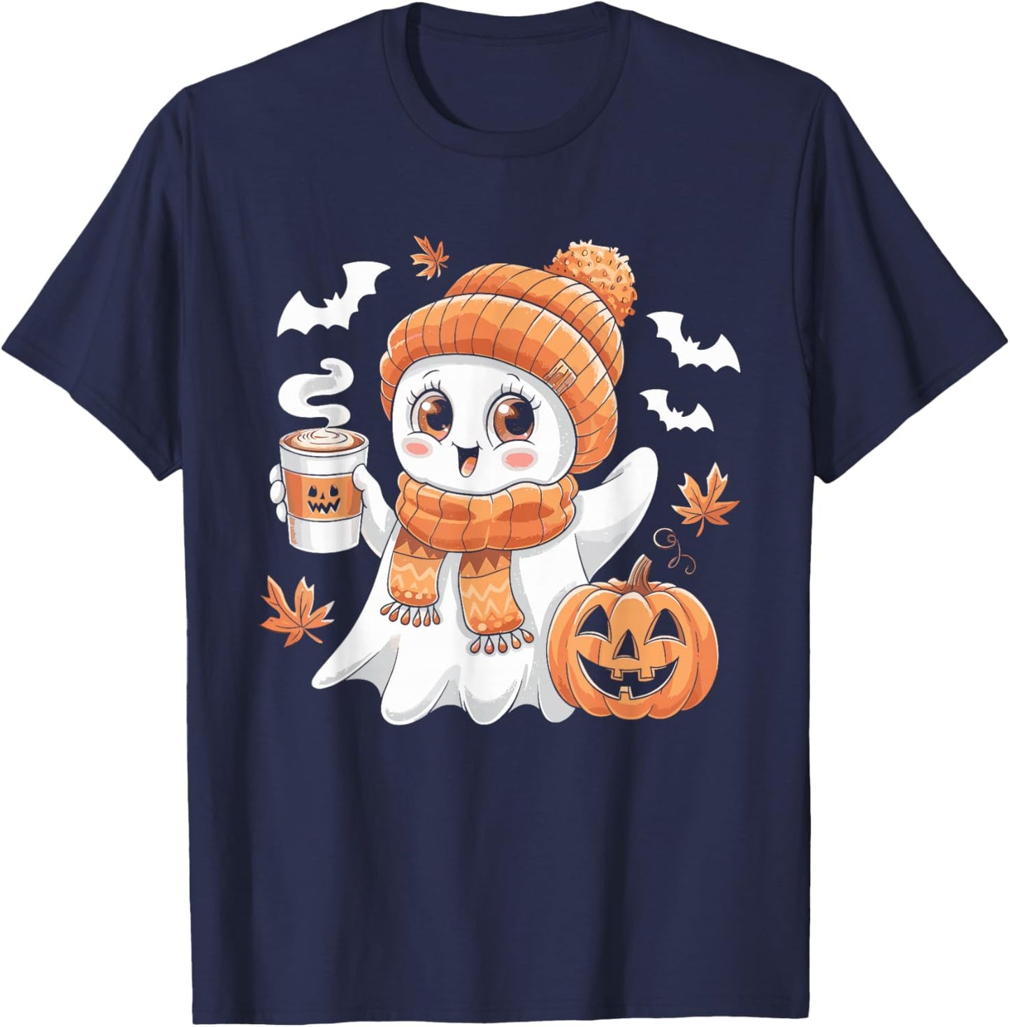 Cute Ghost Drinking Coffee Halloween Ghost Ice Coffee T-Shirt - T-Shirt | Navy