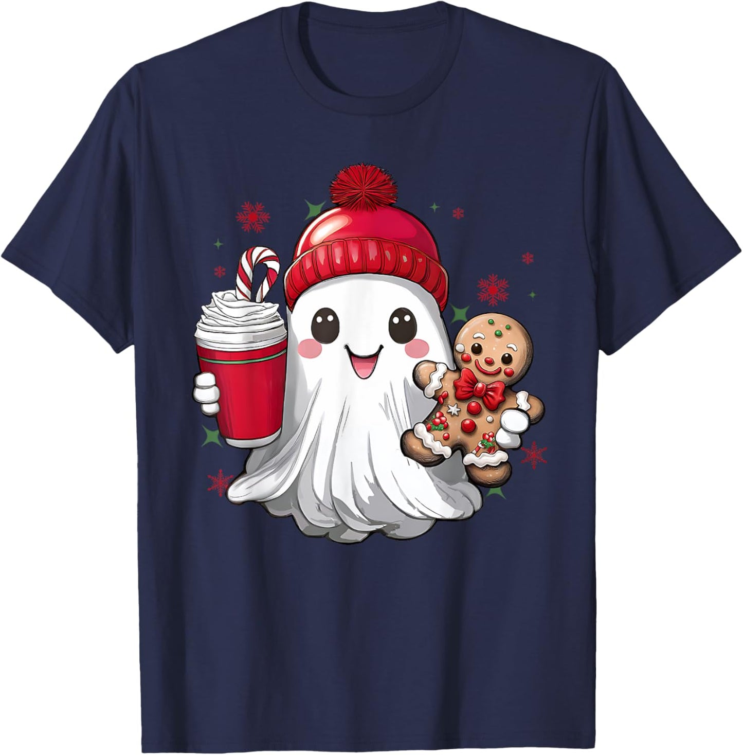 Cute Christmas Ghost Coffee Gingerbread Boojee Xmas Holiday T-Shirt - T-Shirt | Navy