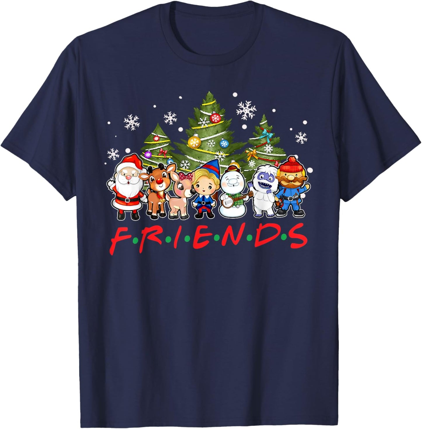 Christmas Santa Friends Rudolph Snowman Family Xmas Holiday T-Shirt - T-Shirt | Navy