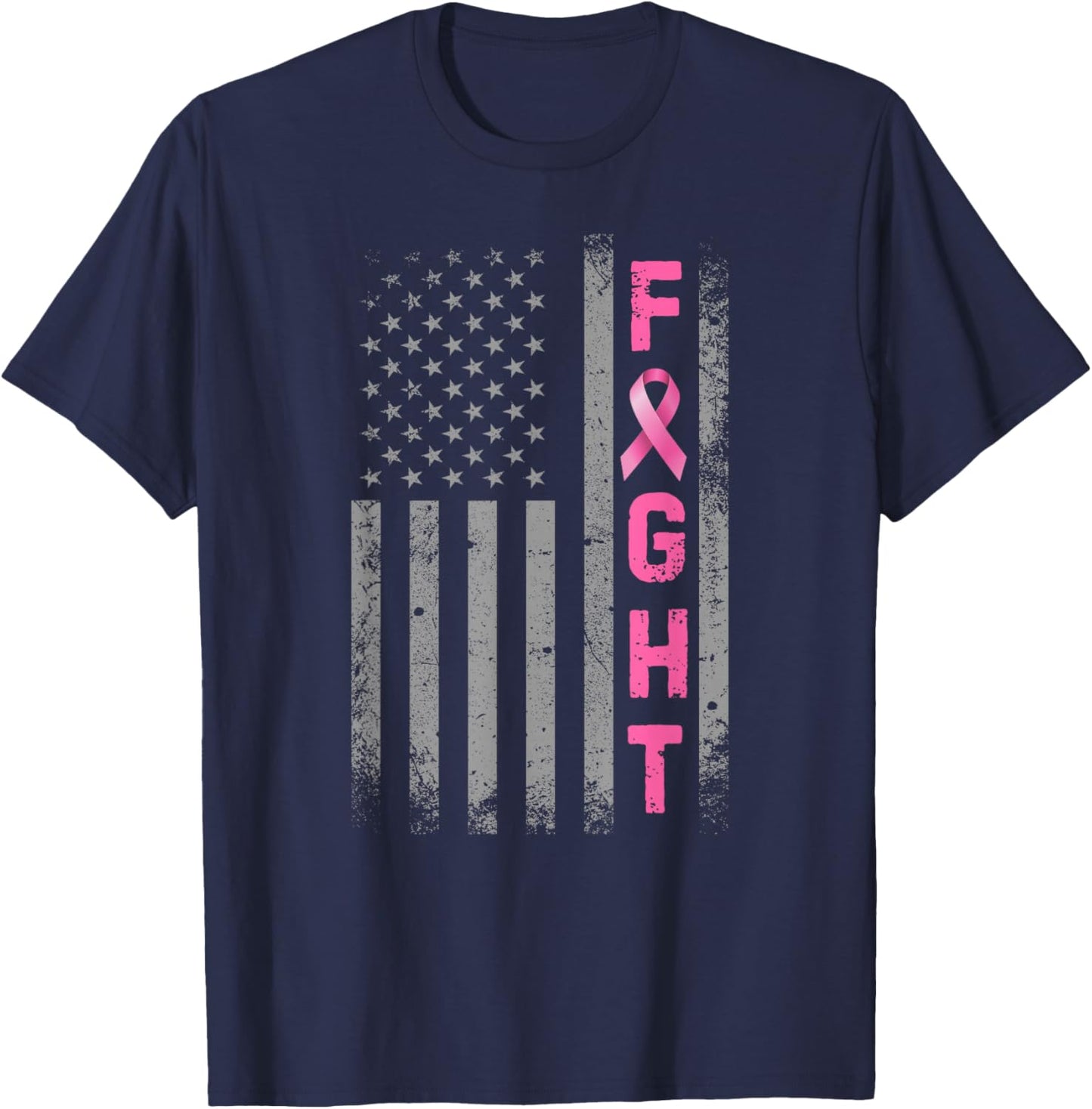 Fight Breast Cancer Awareness Pink Ribbon USA American Flag T-Shirt - T-Shirt | Navy