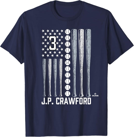 Baseball American Flag J.P. Crawford Seattle Baseball MLBPA T-Shirt - T-Shirt | Navy