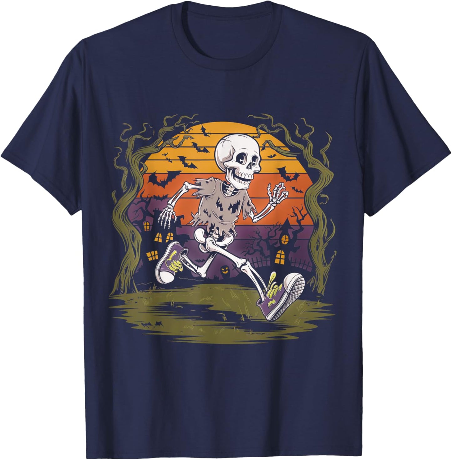 Skeleton Running Halloween Party Spooky Fun T-Shirt - T-Shirt | Navy