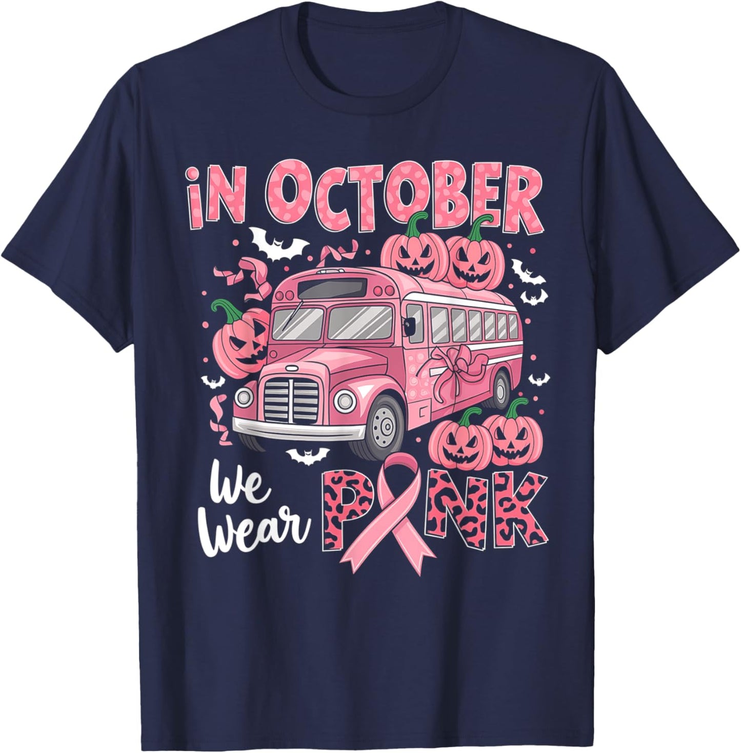 Breast Cancer Awareness School Bus Driver Pink Ribbon T-Shirt - T-Shirt | Navy