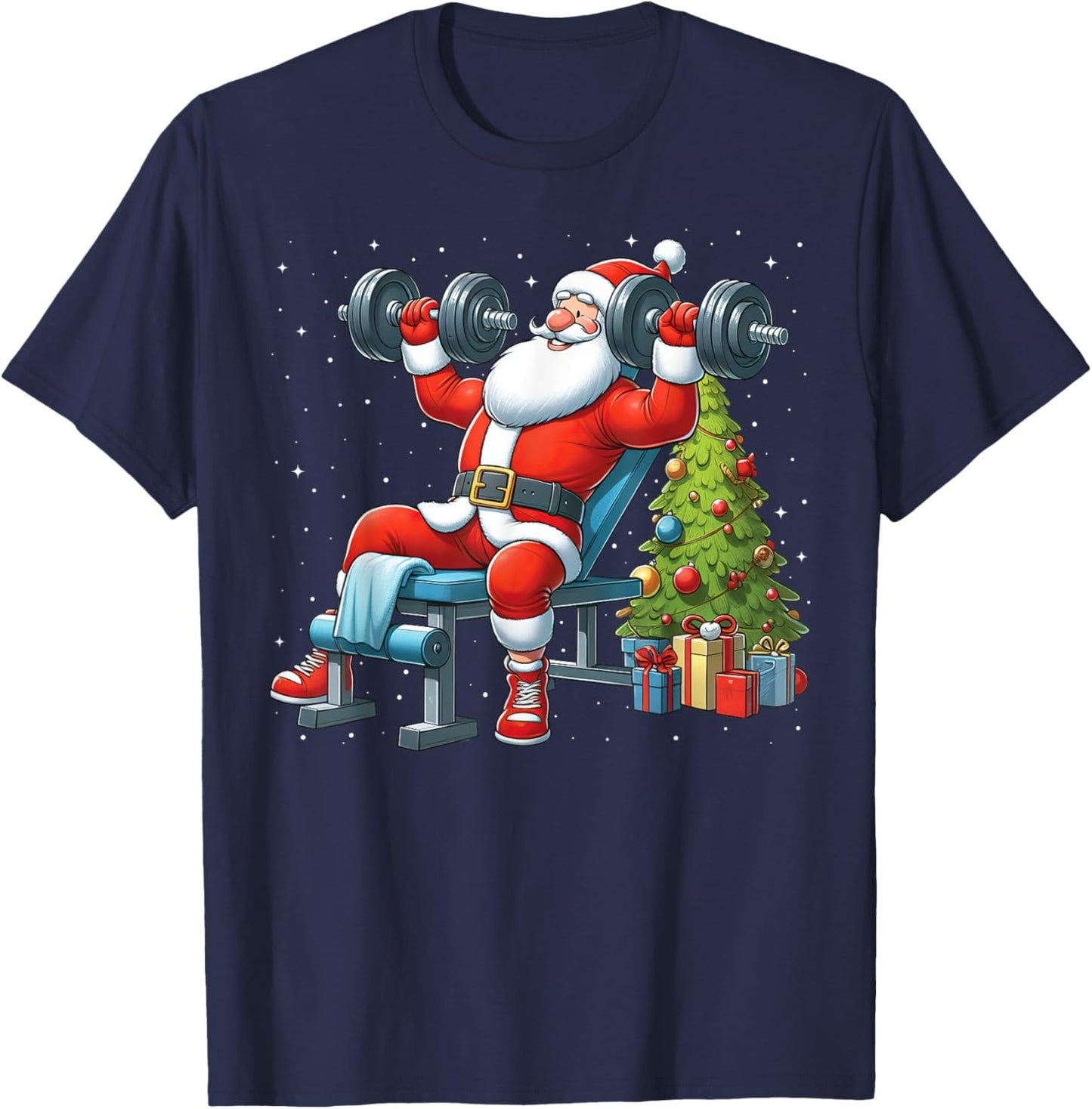 Santa Weightlifting Gym Workout Fitness Christmas Tree Xmas T-Shirt - T-Shirt | Navy