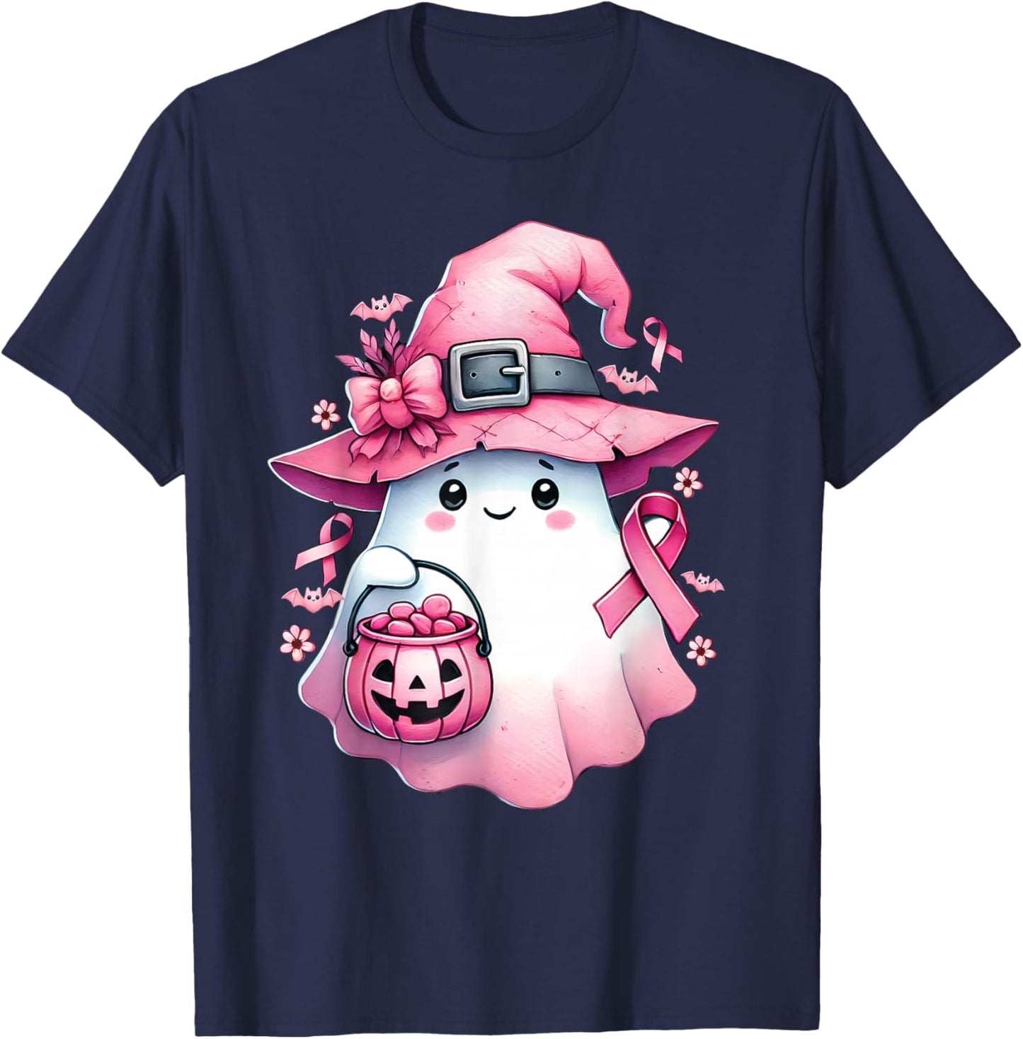 In October We Wear Pink Cute Ghost Pumpkin Breast Cancer T-Shirt - T-Shirt | Navy