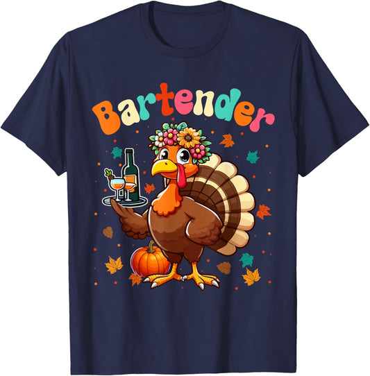 Bartender Job Thanksgiving Flowers Turkey Matching Team T-Shirt - T-Shirt | Navy