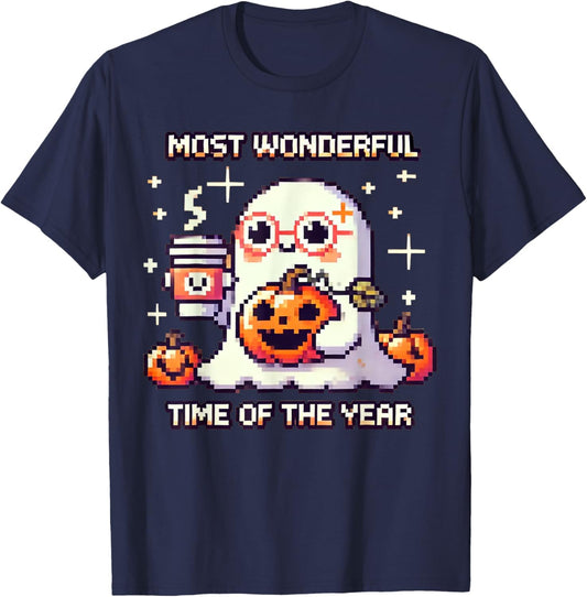 Halloween Pixel Ghost Drinking Coffee Lover Cute Ghost Gamer T-Shirt - T-Shirt | Navy