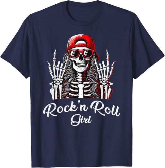 Rock'n Roll Girl, Skeleton Rocker Cool Punk Rock, Rock Music T-Shirt - T-Shirt | Navy