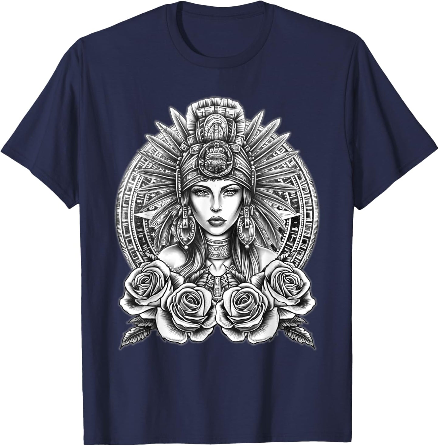 Aztec Princess Woman Chicano Mexican Aztec Calendar T-Shirt - T-Shirt | Navy