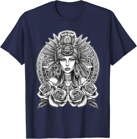 Aztec Princess Woman Chicano Mexican Aztec Calendar T-Shirt - T-Shirt | Navy