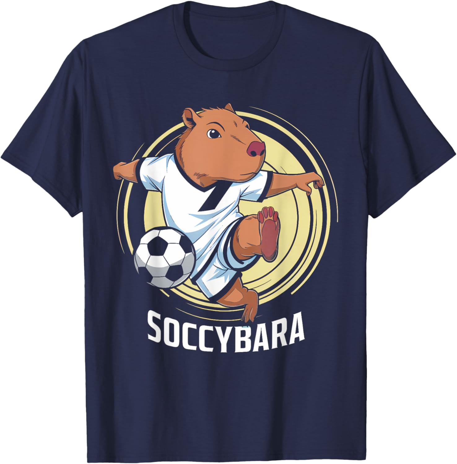 Groovy Soccybara Delight Capybara with Football Soccer Kids T-Shirt - T-Shirt | Navy