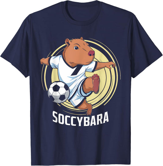 Groovy Soccybara Delight Capybara with Football Soccer Kids T-Shirt - T-Shirt | Navy