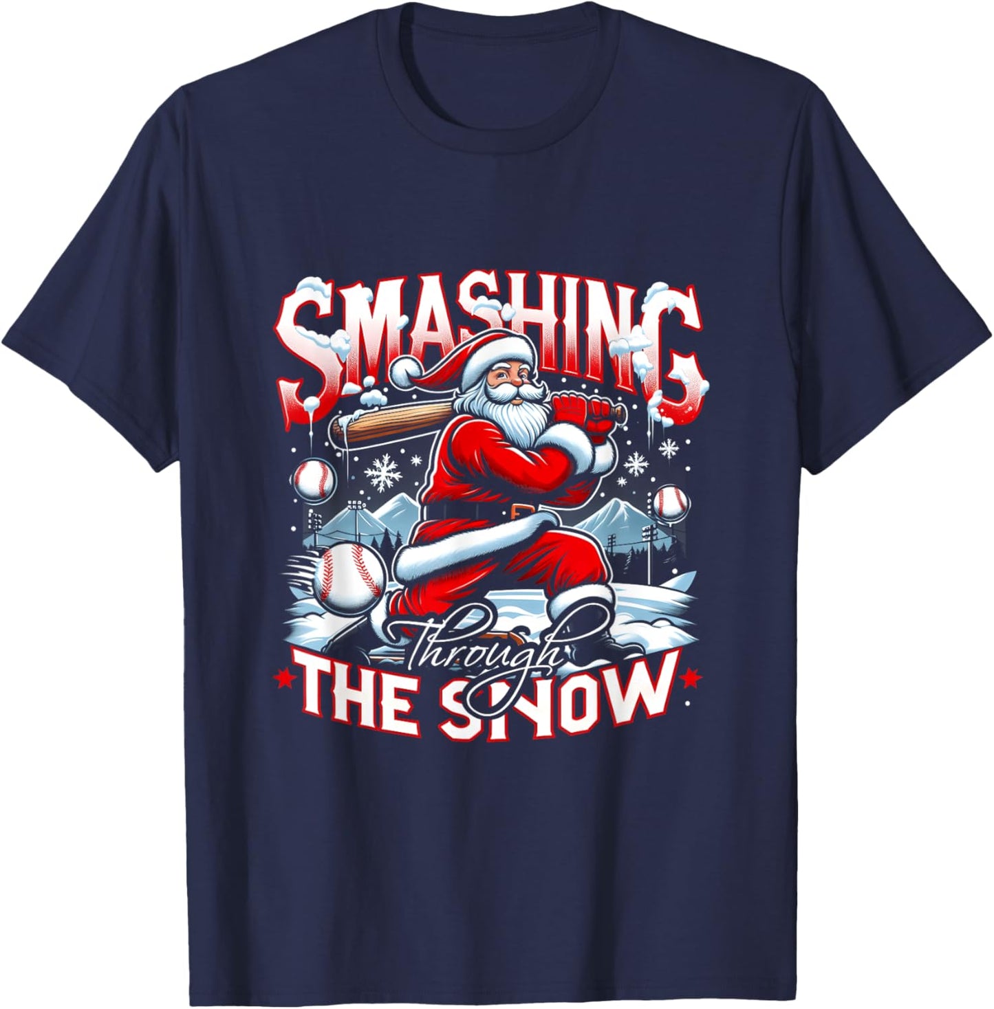 Baseball Player Christmas Santa Smashing Through Snow T-Shirt - T-Shirt | Navy