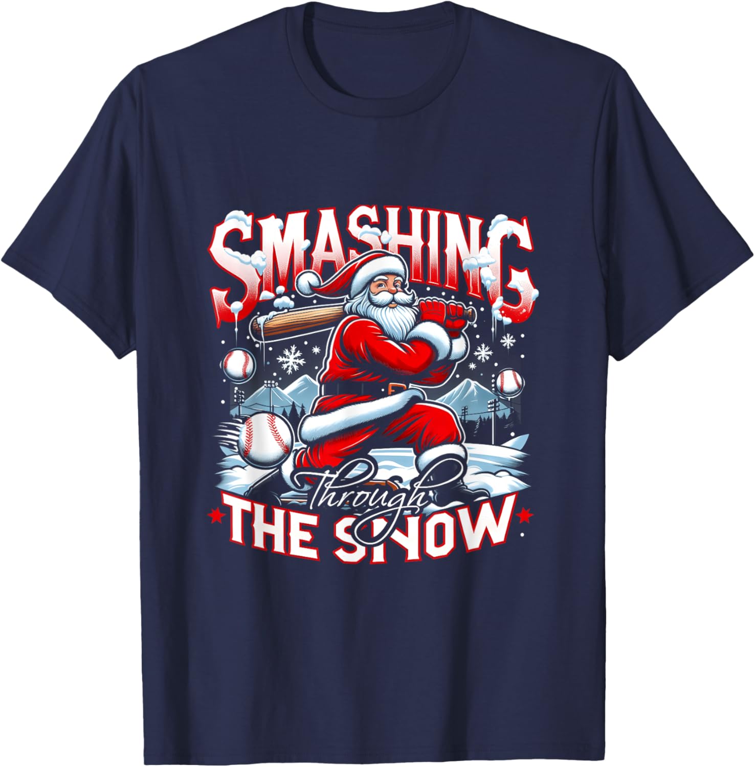 Baseball Player Christmas Santa Smashing Through Snow T-Shirt - T-Shirt | Navy