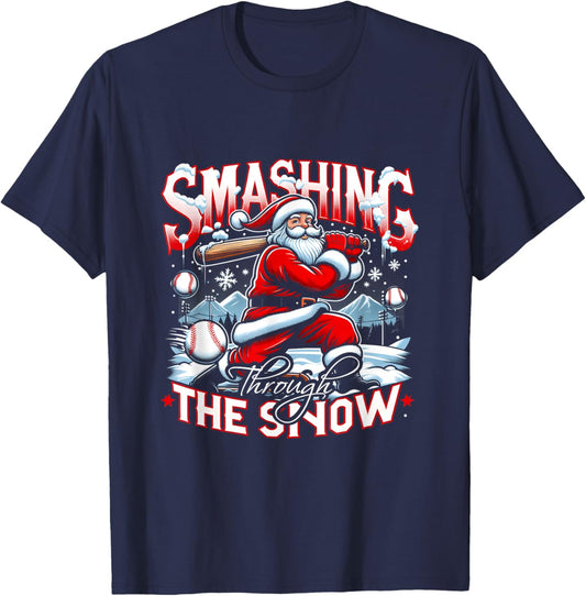 Baseball Player Christmas Santa Smashing Through Snow T-Shirt - T-Shirt | Navy