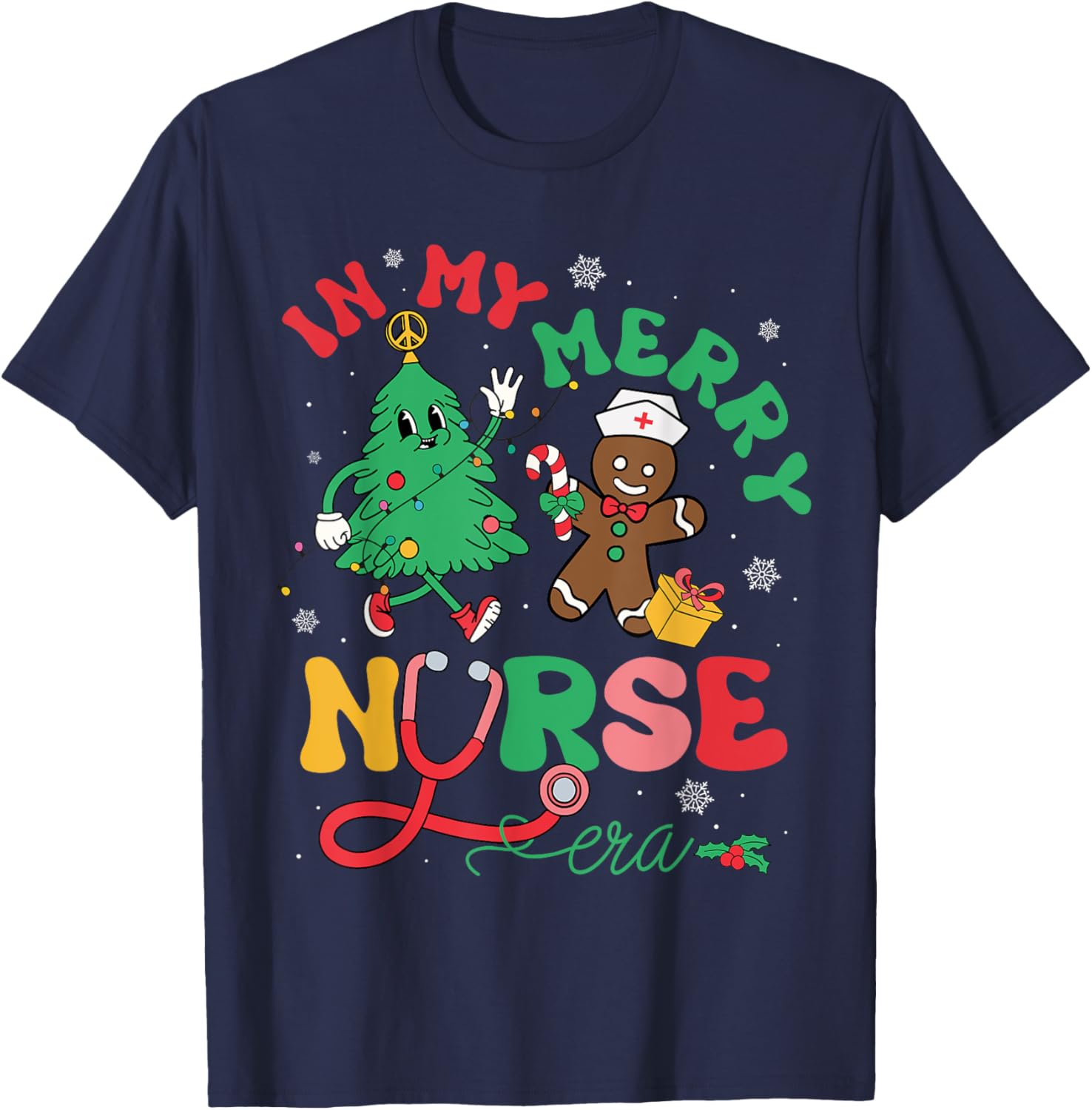 In My Merry Nurse Era Christmas Tree Gingerbread Nursing T-Shirt - T-Shirt | Navy