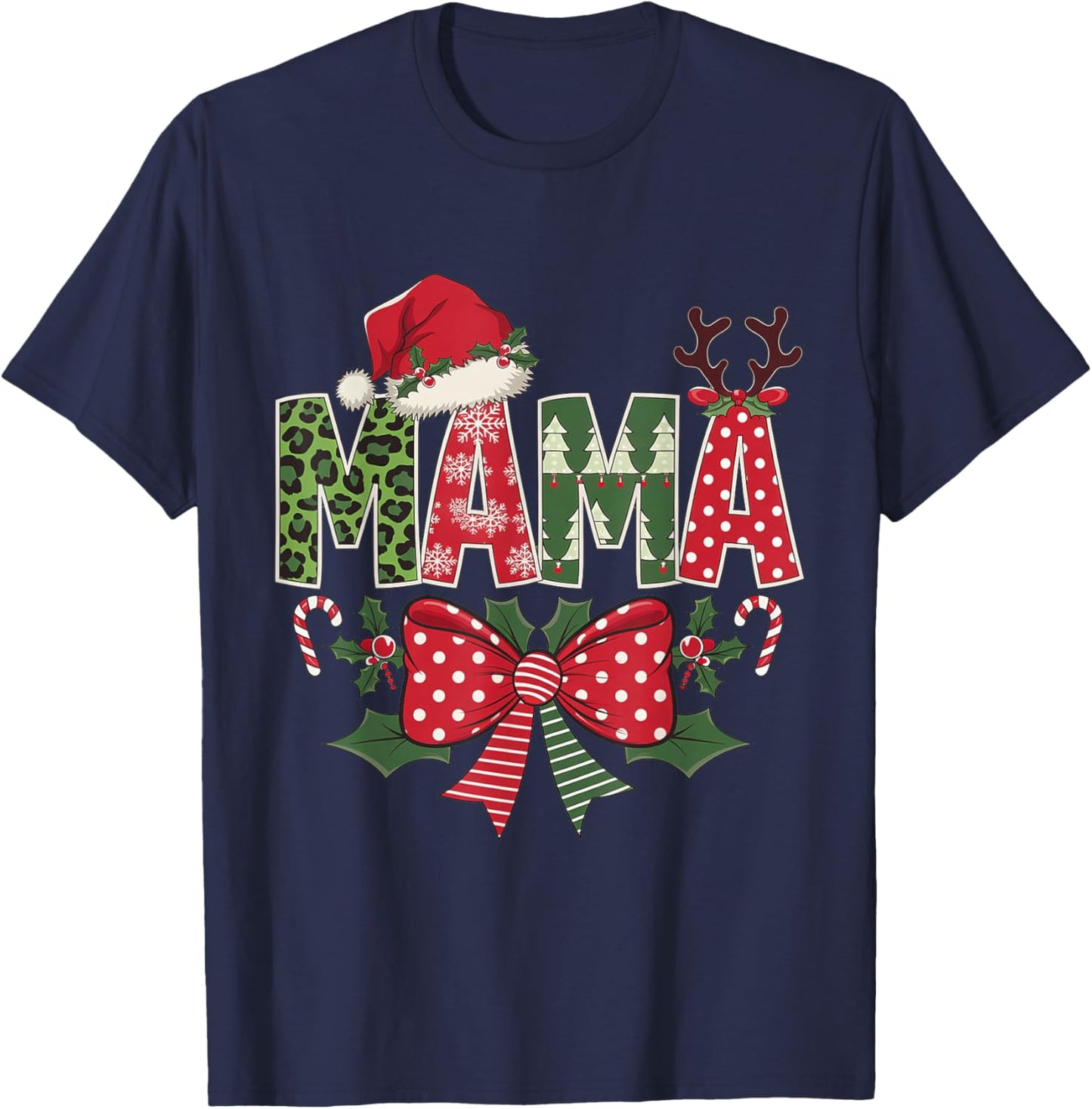 Mama Claus Santa Hat Coquette Bow Christmas Pajama Matching T-Shirt - T-Shirt | Navy