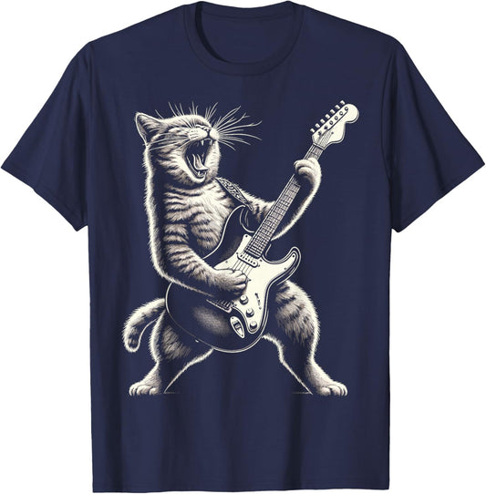 Cat Playing Guitar Rock and Roll T-Shirt - T-Shirt | Navy
