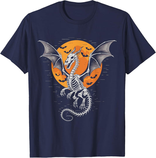 Funny Dragon Skeleton Lovers Moon Spooky Halloween Bats T-Shirt - T-Shirt | Navy