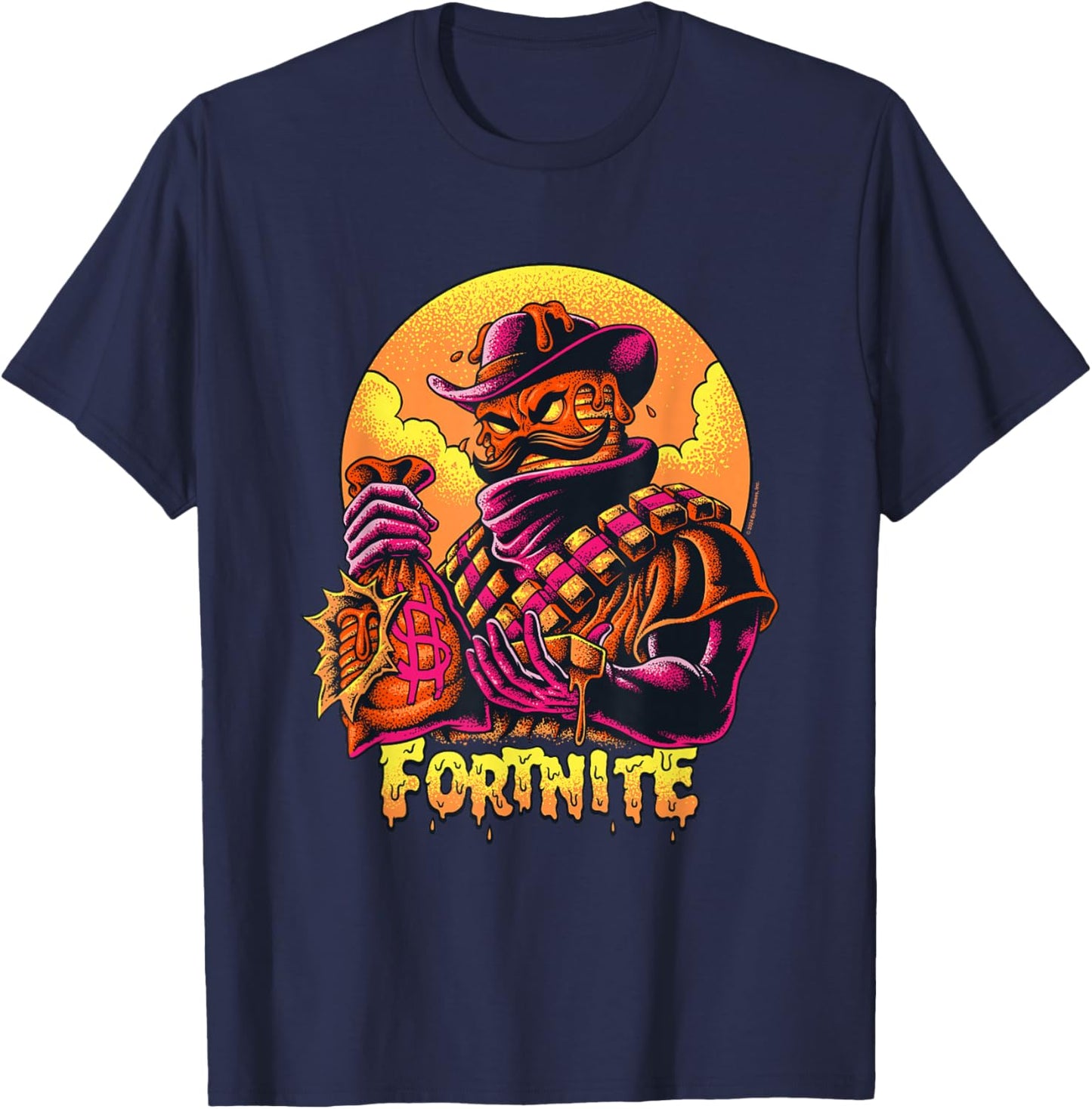 Fortnite Iconic Mancake Cowboy Distressed Big Chest Portrait T-Shirt - T-Shirt | Navy