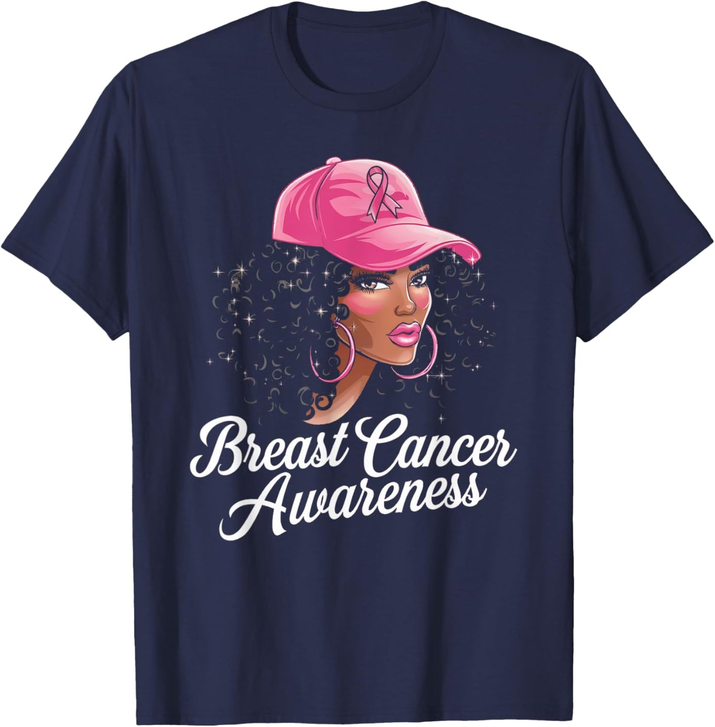 Breast Cancer Shirts for Black Women Hair Pink Hat T-Shirt - T-Shirt | Navy