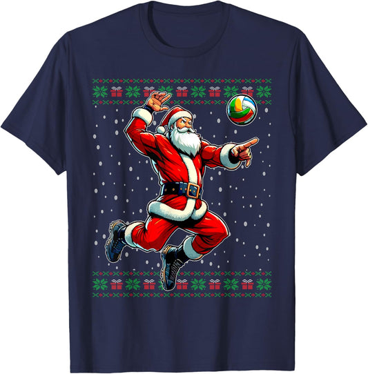 Volleyball Santa Claus Ugly Christmas Sweater T-Shirt - T-Shirt | Navy