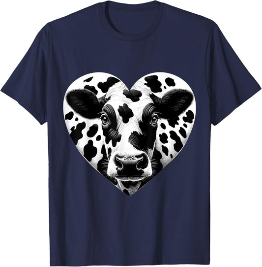 Cow Print Heart Cow Farmer Girl T-Shirt - T-Shirt | Navy