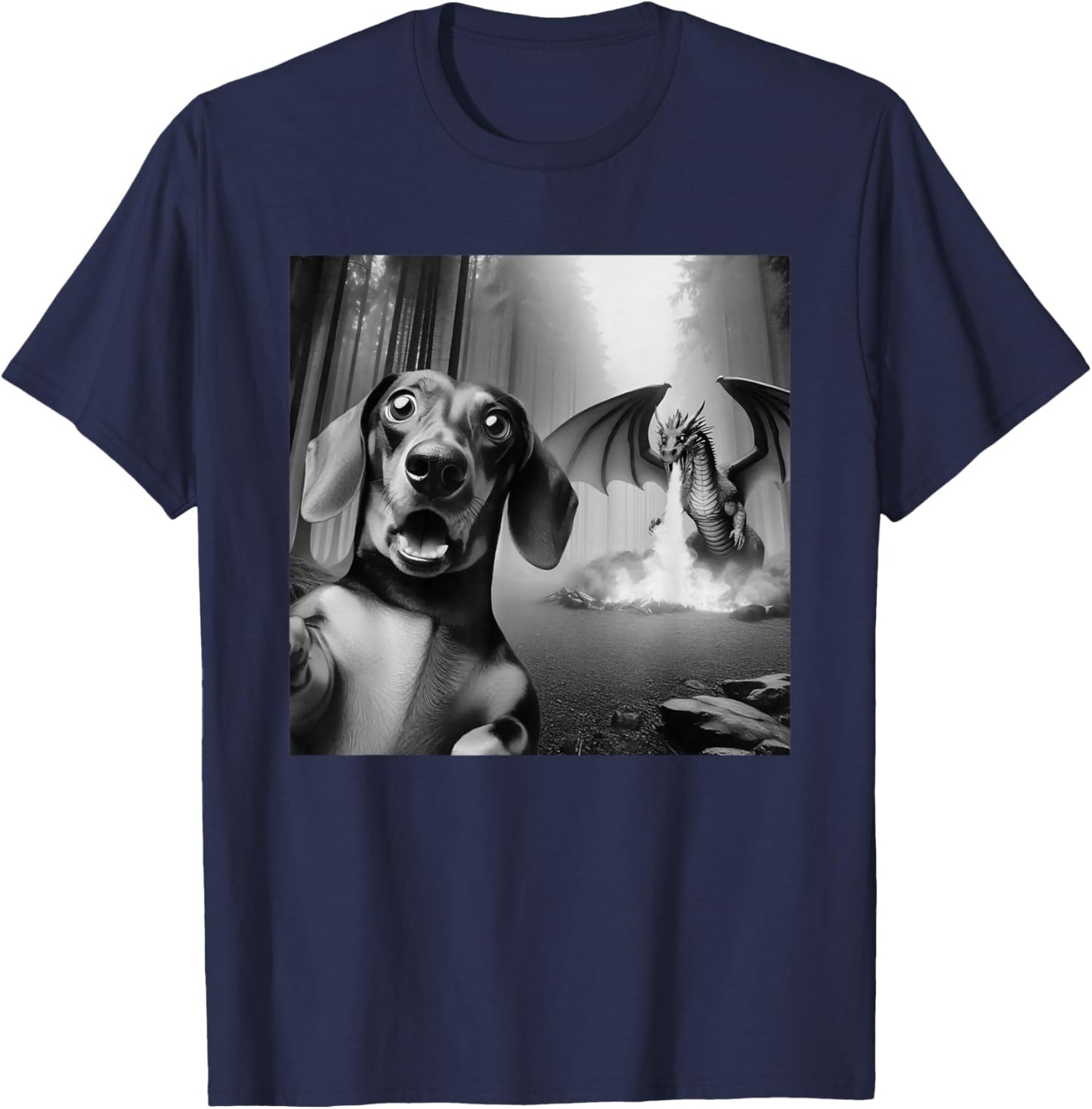 Funny Dachshund Selfie with dragon surprised Dachshund T-Shirt - T-Shirt | Navy