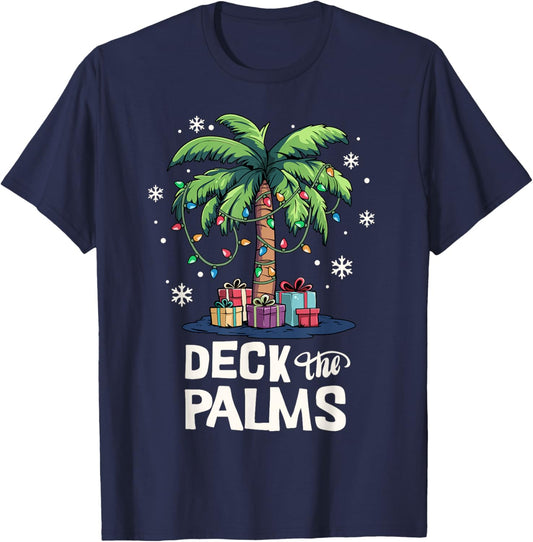 Deck The Palms Family Vacation Tropical Palm Tree Christmas T-Shirt - T-Shirt | Navy