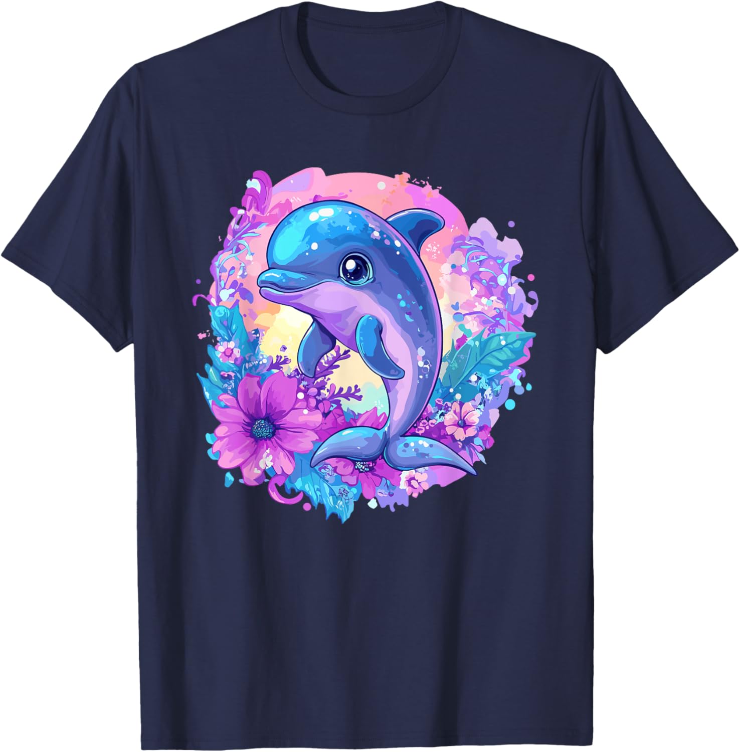 Playful Dolphin Surrounded By Flowers T-Shirt - T-Shirt | Navy