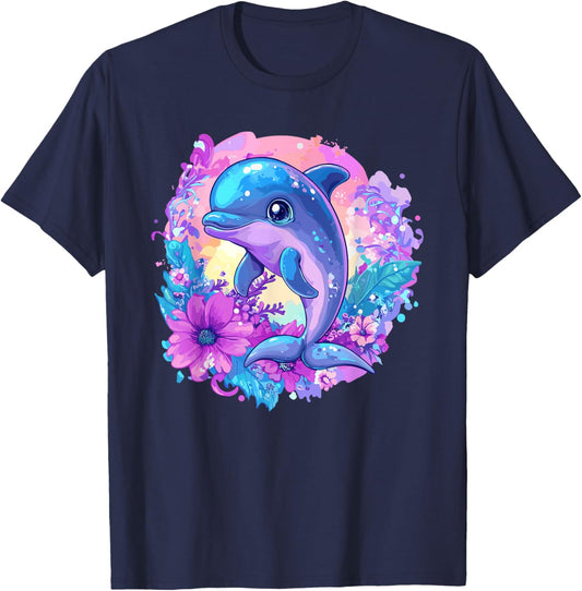Playful Dolphin Surrounded By Flowers T-Shirt - T-Shirt | Navy