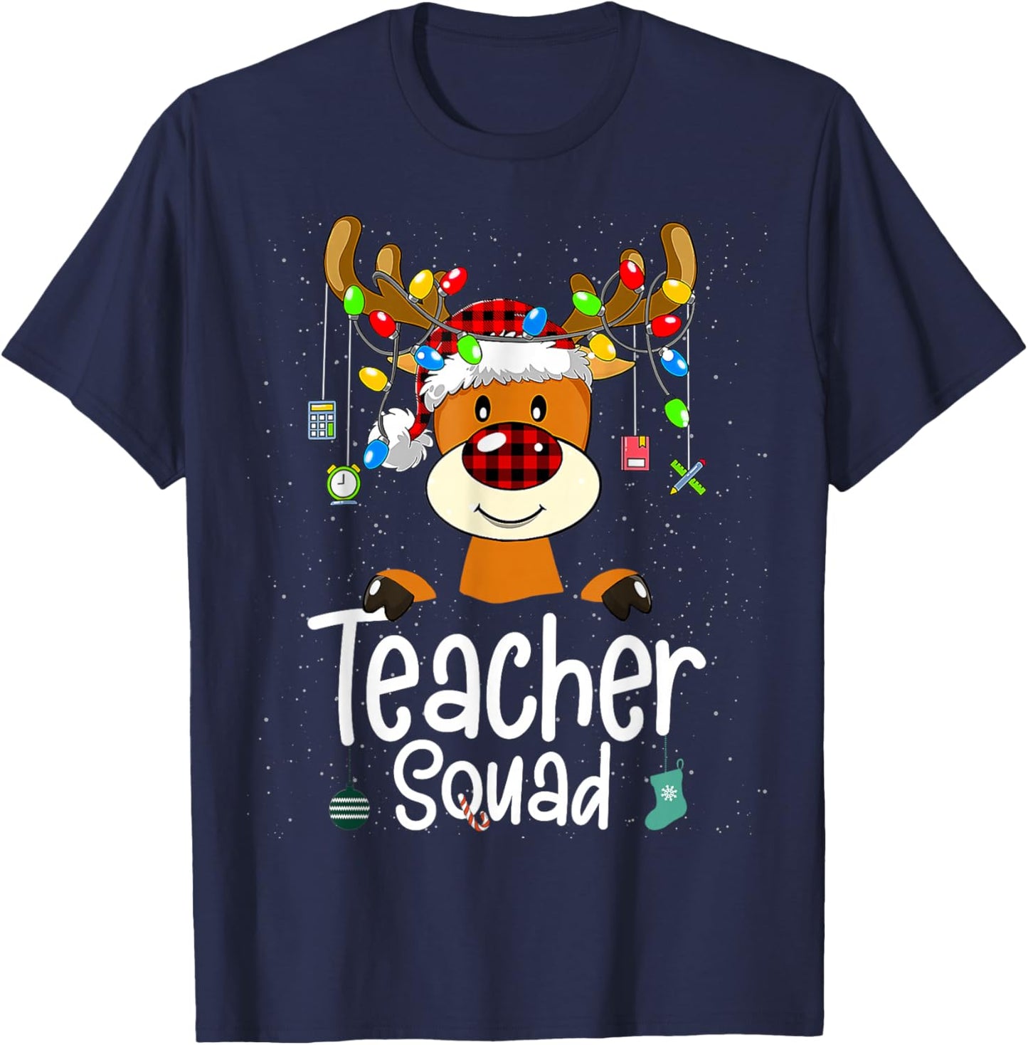 Teacher Squad Red Black Plaid Rudolph Reindeer Christmas T-Shirt - T-Shirt | Navy